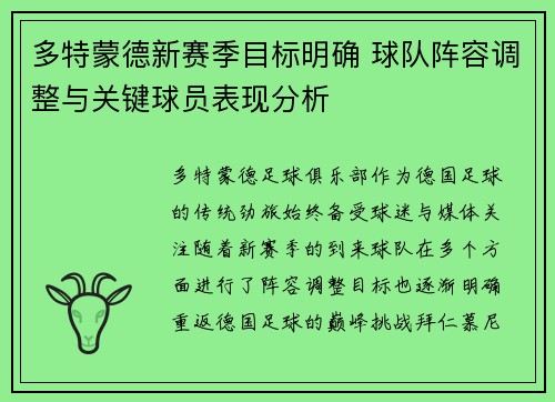 多特蒙德新赛季目标明确 球队阵容调整与关键球员表现分析
